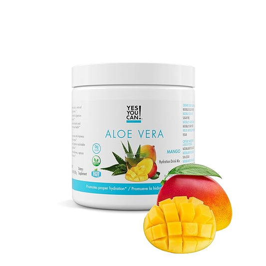Yes You Can! Organic Aloe Vera Powder Drink Mix - Hydration Booster Infused with Pure Aloe Juice - Delicious Flavors - Made in USA - Antioxidant Rich - Mango Flavor - 40 Servings