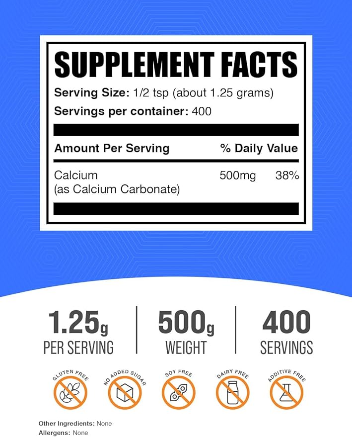 BulkSupplements.com Calcium Carbonate Powder - Calcium Carbonate Food Grade, High Absorption - Gluten Free, 1.25g per Serving, 500g (1.1 lbs) (Pack of 1)