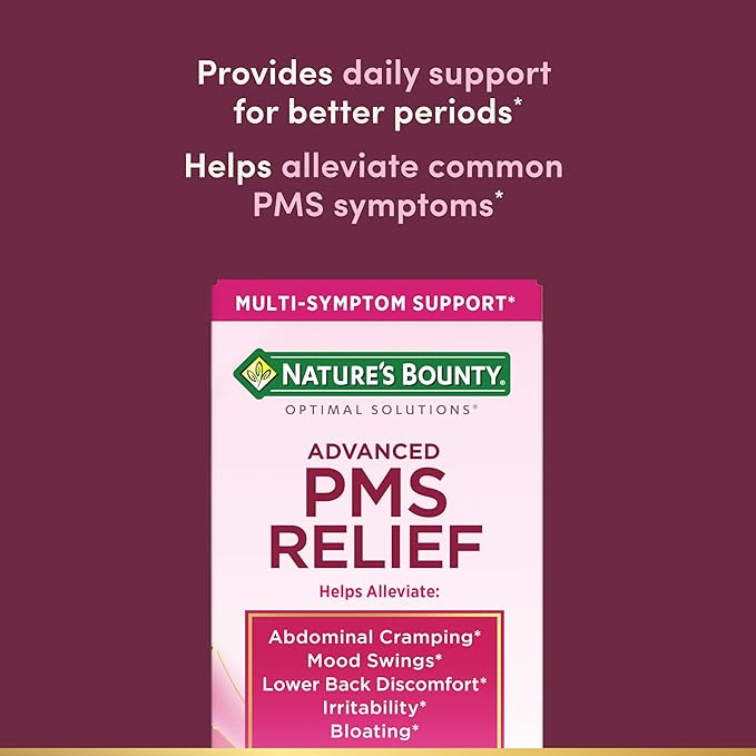 Nature’s Bounty Optimal Solutions Advanced PMS Relief for Menstrual Cycle Support, PMS Support Supplement for Women, Bloating Relief – Chasteberry, Hormone-Free, 60 Vegetarian Capsules