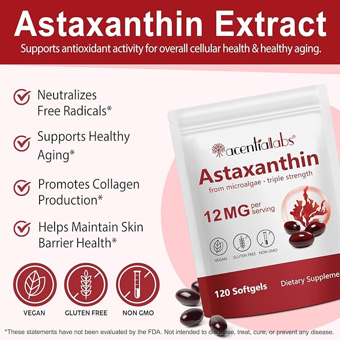 Astaxanthin Supplements 12mg 120 Softgels, Premium Astaxanthin Antioxidant Supplement, Supports Eye, Skin, Joint, Brain, Heart & Immune System Health, Fresh Microalgae Source, Non-GMO & No Gluten