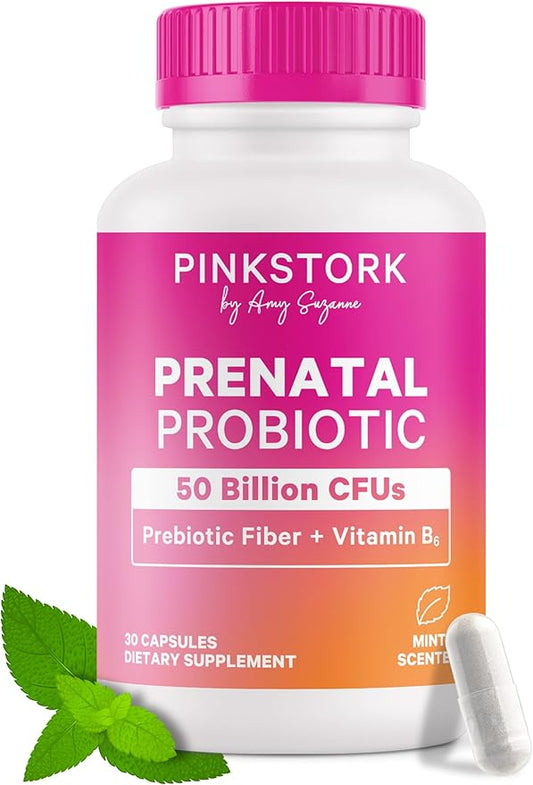 Pink Stork Prenatal Probiotics for Women - 50 Billion CFUs, Vitamin B6, Prebiotics, Morning Sickness, Gut Microbiome, Immune Support, Pregnancy Must Haves, Mint Essence - 30 Capsules
