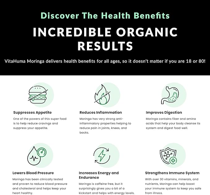 Organic Moringa, Nutrient-Dense Antioxidant Support with Vitamin C, A, E, Calcium, Potassium, Iron, Magnesium, Protein & Amino Acids for Hydration & Energy, Vegan, 1200 MG Per Serving, 90 CT