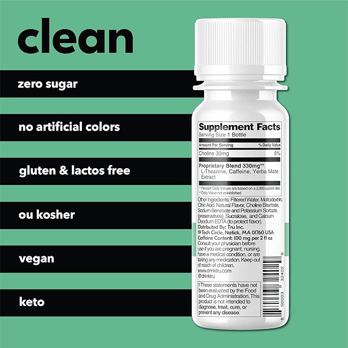 Tru Focus Shot, Apple Kiwi Flavored Extra Strength Energy Shots - Zero Sugar Nootropic Drink plus Adaptogens, Choline, and Yerba Mate - Natural Caffeine, GF, Keto, Vegan Supplement, 2oz (Pack of 24)