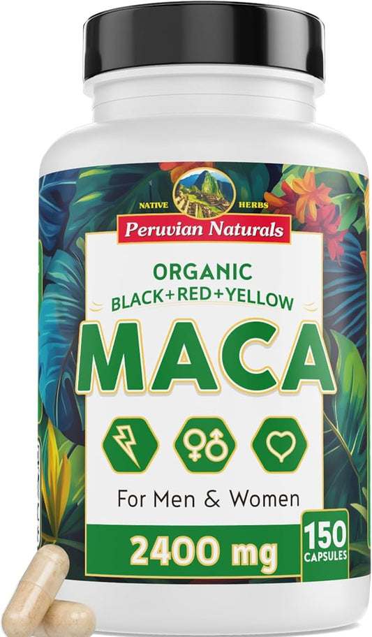 Organic Maca Root Capsules for Women & Men 2400mg per Serving - 150 Pills Black, Red, Yellow Maca Supplement - Gelatinized Macaroot, Non-GMO, Vegan by Peruvian Naturals