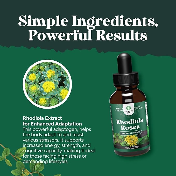 Natures Craft High Potency Rhodiola Rosea Tincture -Liquid Rhodiola Supplement for Stress Energy and Mood Support with 3% Salidrosides Rosea Extract - Vegan Non-GMO & Alcohol-Free (60 Servings)