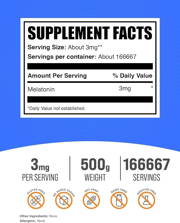 BulkSupplements.com Melatonin Powder - Sleep Supplement, Melatonin for Adults, Melatonin 3 mg - Vegan Melatonin, Pure & Gluten Free, 3mg per Serving, 500g (1.1 lbs) (Pack of 1)