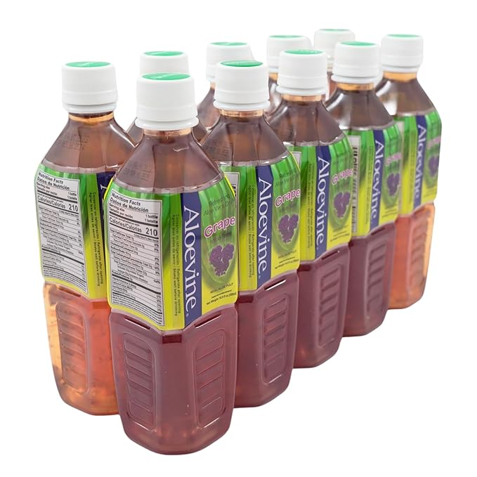Aloevine Aloe Vera Drink Grape healthy juice pure with chunks of aloe l 16.9 oz. 10 pack l plant based Vegetable Korean drinks