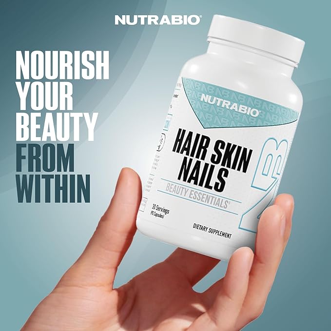 NutraBio Hair Skin Nails Vitamins| Enhanced Collagen Support | Skin Hydration | for Men & Women with Biotin, Keratin, Hyaluronic Acid & More- 90 Capsules