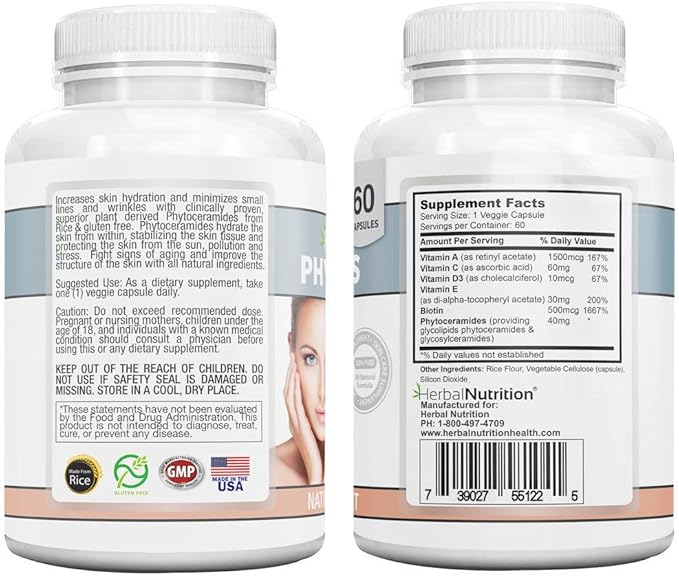 Herbal Nutrition Phytoceramides from Rice with Biotin Vitamin A, C, D and E, Three Bottle Pack, 180 Capsules 40mg