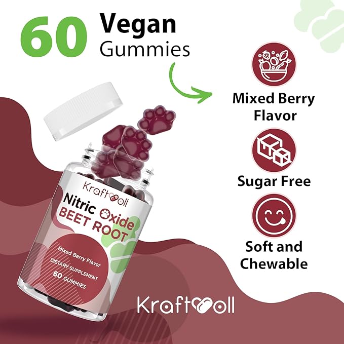 Nitric Oxide Beet Root Gummies – Sugar-Free Beet Chewables, Mixed Berry Flavor with Grapeseed Powder, Pomegranate, Vitamin C & B12 – Nitric Oxide Supplements for Men – 60 Gummies (2 Bottles)