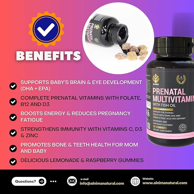 Prenatal Multivitamin with DHA & EPA – Omega-3 Fish Oil Gummies for Pregnancy – Halal Certified – Raspberry & Lemon Flavor – 60 Count – Made in USA