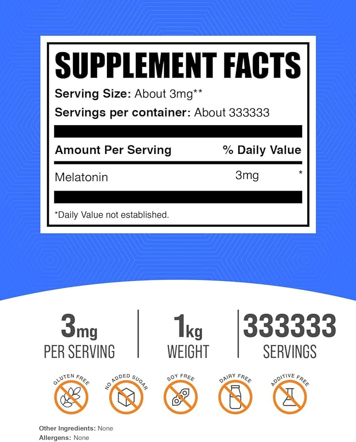 BulkSupplements.com Melatonin Powder - Sleep Supplement, Melatonin for Adults, Melatonin 3 mg - Vegan Melatonin, Pure & Gluten Free, 3mg per Serving, 1kg (2.2 lbs) (Pack of 1)