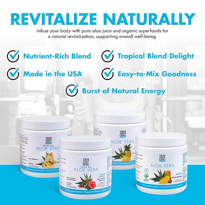Yes You Can! Organic Aloe Vera Powder Drink Mix - Hydration Booster Infused with Pure Aloe Juice - Delicious Flavors - Made in USA - Antioxidant Rich - Vatiety Flavor - 40 Servings Per Canister (4 Pack)