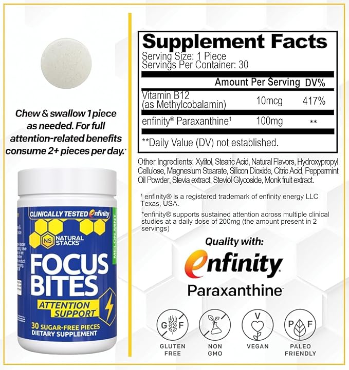 Paraxanthine Supplement 100mg - Caffeine Free Focus Supplement for Productivity & Attention Support - Clinically Tested Enfinity Paraxanthine - Jitter Free Energy Support - 30 Melon Mint Focus Bites