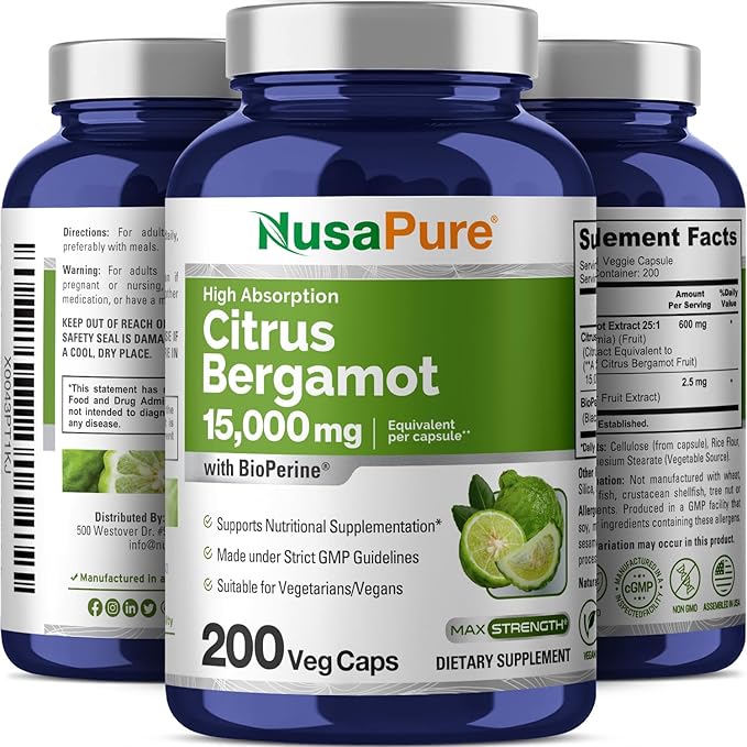 NusaPure Citrus Bergamot Capsules 15,000mg, 200 Capsules - 25:1 Bergamot Extract - 200 Servings, Bioperine, Vegan, Non-GMO