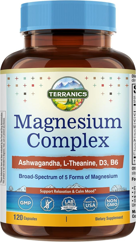 Terranics Magnesium Complex Supplement with Glycinate, Citrate, Taurate & Malate | Supports Nerve & Mood Health | Includes Ashwagandha, L-Theanine, Vitamin D3 & B6 | 120 Capsules | Non-GMO