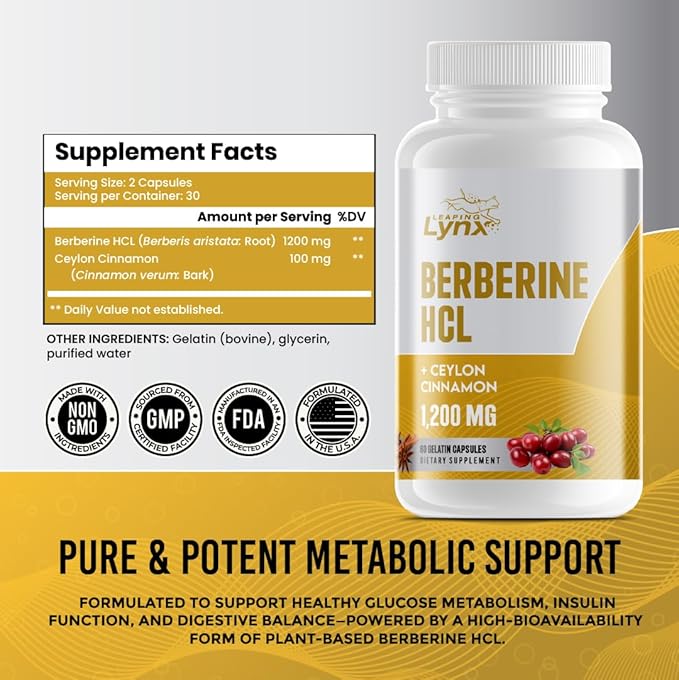 Organic Berberine with Ceylon Cinnamon 1200mg - Premium Berberine Supplement High Purity Extract USDA Organic, Support Immune System, Berberine Plus Complex, Non-GMO Vegan for Men Women 60 Capsules