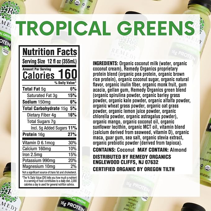 Remedy Organics Tropical Greens 12-Pack | Plant Based Protein Shakes, Ready to Drink | USDA Organic, Gluten Free, Dairy Free, Soy Free