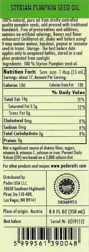 PÖDÖR Premium Styrian Pumpkin Seed Oil - 8.4 fl. Oz. - Cold-Pressed, 100% Natural, Unrefined and Unfiltered, Vegan, Gluten-Free, Non-GMO in Glass Bottle