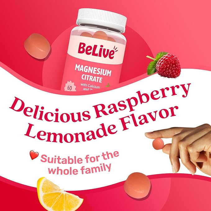 BeLive Magnesium Citrate Gummies with Calcium and Zinc for Adults and Kids - High Absorption Magnesium Supplement for Cognitive, Bone, Muscle and Nerve Health - Raspberry Lemonade - 120 Count