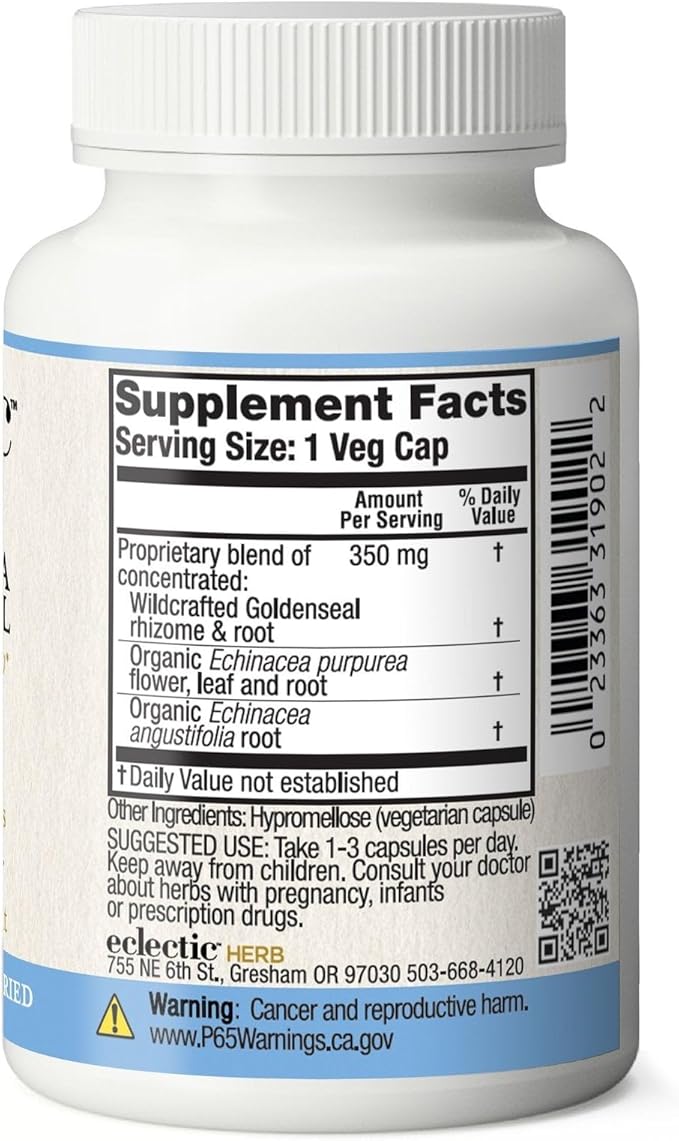 Eclectic Institute Raw Fresh Freeze-Dried Non-GMO Echinacea - Goldenseal | Immune, Respiratory, and Digestive Health | 90 CT (350 mg)