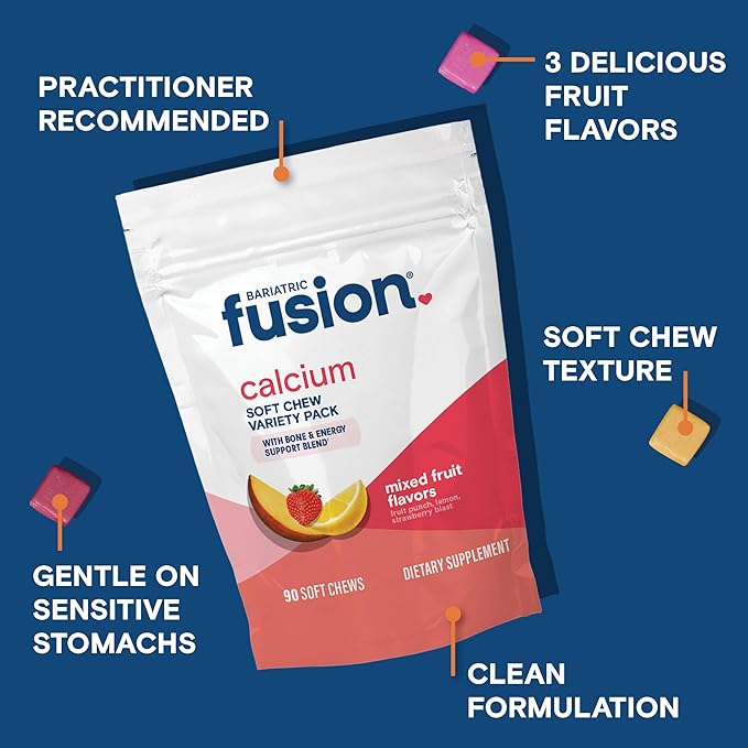 Bariatric Fusion Bariatric Calcium Supplement Chews | Calcium Citrate with Vitamin D3 Bariatric Vitamin | Sugar Free Chewable | 500mg | Variety Pack | 90 Count