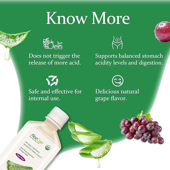 AloeCure USDA Organic Aloe Vera Juice Grape Flavor, Made Within 12 Hours of Harvest - Pure Aloe Vera Digestive & Immune Health Supplement, Helps Maintain Balanced Stomach Acidity, 16.7oz x 12 Btls