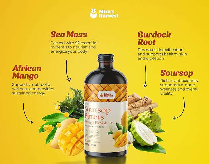 Mira's Harvest Soursop Bitters Liquid Mango Flavor, Premium Grade For Immune Boost, with Irish Moss, Burdock Root, African Mango 16oz