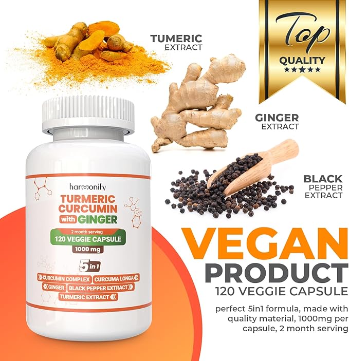 Turmeric Curcumin Supplement with Ginger, Ceylon Cinnamon and Black Pepper Complex 5 in 1 Formula, Curcuma Longa, Max Absorption, 1000 mg, 120 Herbal Extract Capsules