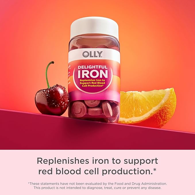OLLY Delightful Iron Chewable Tablet, Iron Supplement from AB Fortis, Fruit Punch Flavor, 30 or 20 Day Supply - 60 Count (Pack of 2)