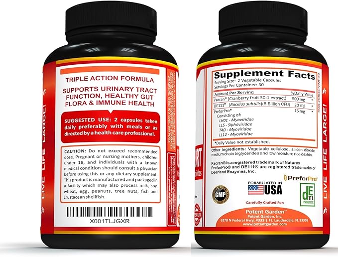 Potent Garden Urinary Support Womens Probiotic for Urinary Tract Health for Women, Cranberry Capsules with 5 Billion CFUs Cranberry Extract, Prebiotics and Probiotics for Women, 60 Caps, 30 Servings