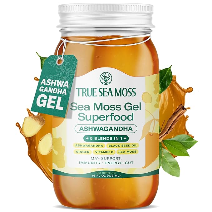 TrueSeaMoss Sea Moss Gel – Made in USA – 5-in-1 Formula – Wildcrafted Seamoss, Ashwagandha & Sea Vegetables – Ashwagandha, Pack of 1 (Labels May Vary)