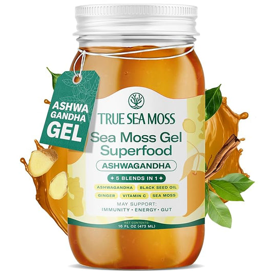 TrueSeaMoss Sea Moss Gel – Made in USA – 5-in-1 Formula – Wildcrafted Seamoss, Ashwagandha & Sea Vegetables – Ashwagandha, Pack of 1 (Labels May Vary)