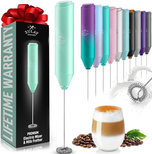 Zulay Kitchen Powerful Milk Frother Wand - Mini Handheld Stainless Steel - Battery Operated Drink Mixer for Coffee, Lattes, Cappuccino, Matcha - Froth Mate Gift - Fresh Mint
