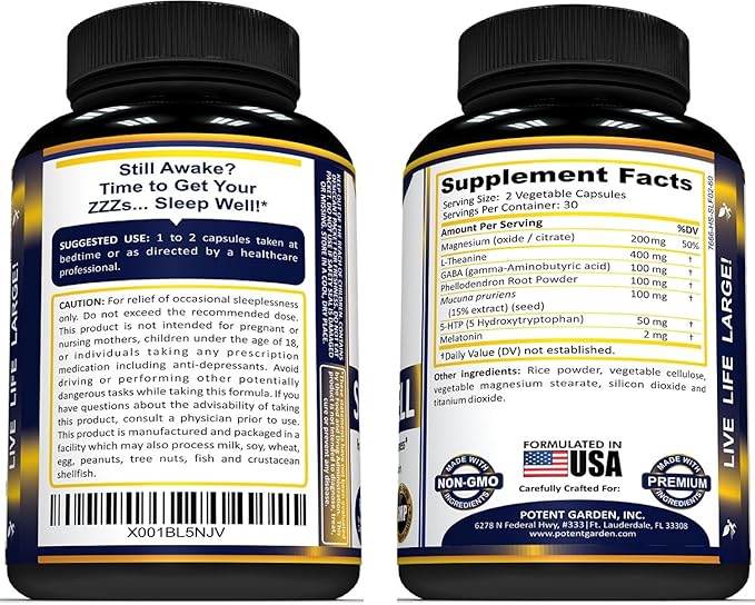 Potent Garden Sleep Well Sleep Aid Contains Melatonin Valerian Root L-Theanine GABA & More, Natural Sleep Aid Non-Habit Forming Sleep Aids for Adults with 60 Veggie Caps
