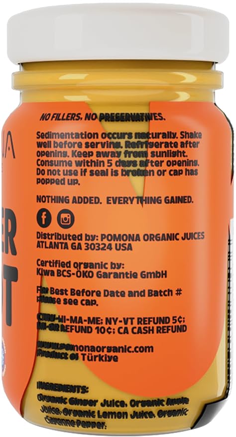 Pomona Organic Juices Ginger Shot (Pack of 12), Kosher, Non GMO, Cold-Pressed, 2 oz Glass Bottles