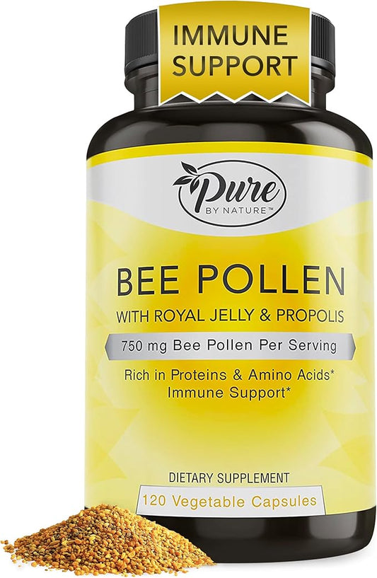 Pure By Nature Bee Pollen Supplement with Propolis & Royal Jelly for Immune Support, Antioxidant Properties, 120 Non-GMO Vegetarian Capsules