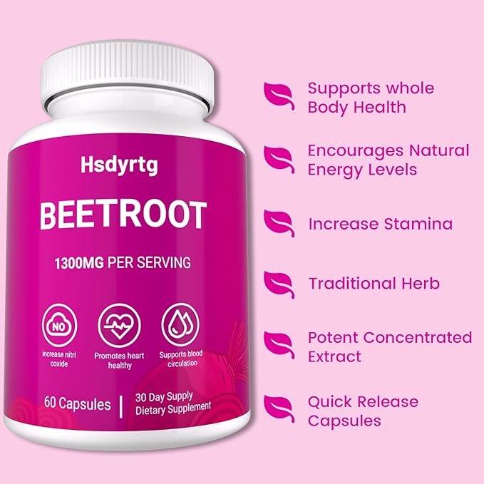 Premium Beet Root Capsules - 60 Vegan Capsules, Natural Beetroot Supplement Powder for Natural Energy & Endurance Support, Non-GMO, Gluten Free Dietary Support, 30-Day Supply