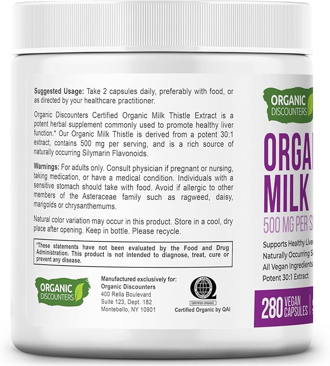 Organic Discounters Milk Thistle Capsules, 280 Count, 7500 mg Strength, Potent 30:1 Extract, USDA Certified Organic, Rich in Silymarin Flavonoids, Vegan, Non-GMO and All-Natural