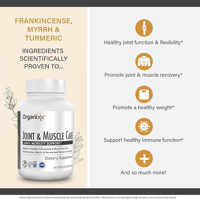 Organixx Joint & Muscle Care Organic Turmeric Supplement, 3-in-1 Frankincense, Turmeric and Myrrh Joint Health & Joint Support Supplement Body Care Capsules, Supports Swelling, Tension, 60 Capsules