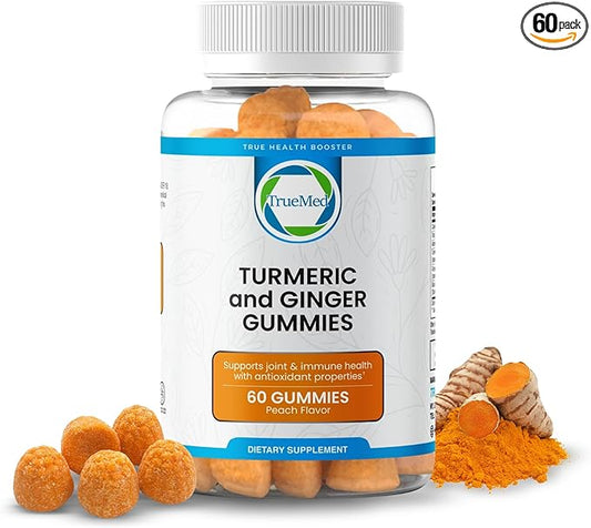 Turmeric and Ginger Supplement Gummies, Organic Turmeric Curcumin,95% Curcuminoids 5% Gingerols Root, Joint Health & Inflammation Support with Black Pepper Extract, Peach Flavor, USA Made -60 Count