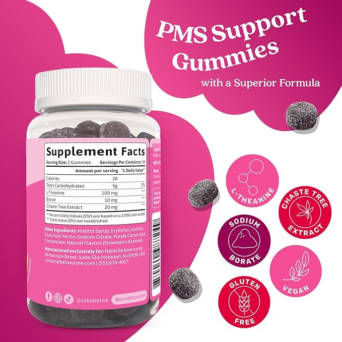 BeLive PMS Support Gummies Supplement – Helps Relieve PMS Symptoms – Hormonal Balance Mood Swings & Cramps Relief, Bloating Support – with Chaste Tree Extract - Strawberry Limonade Flavor – 60 Count