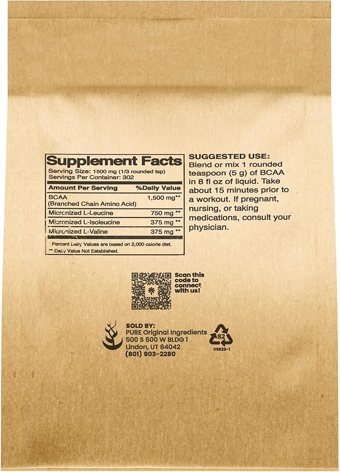 Pure Original Ingredients Unflavored Instantized BCAA (8oz) Powder, Branched Chain Essential Amino Acids, Supplement