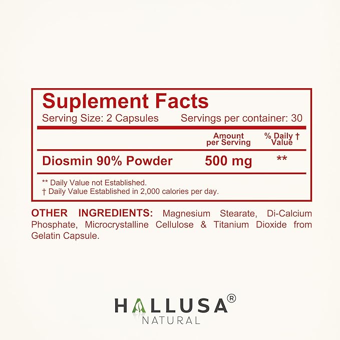 Hallosmine Plus Diosmin 500mg, Varicose Veins, Leg Circulation Supplement, Heavy Legs, Diosmin Circulation Support, Lymphatic Drainage & Blood Circulation Supplement - 60 Caps