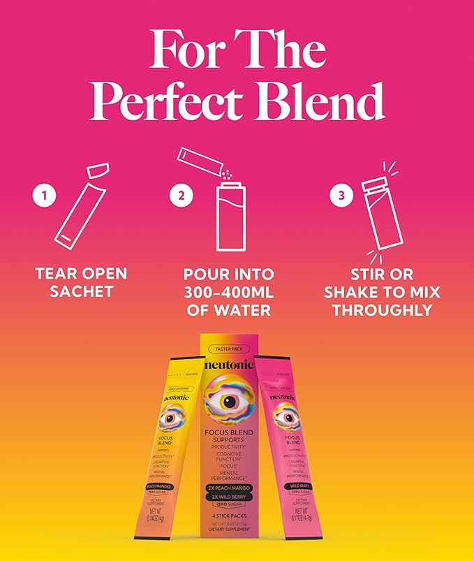 Neutonic Nootropic Focus Blend Powder | Peach Mango & Wild Berry 4 Sticks | Caffeine Free, Zero Sugar | Support Memory, Mental Clarity, Cognitive Function | Boost Focus, Energy, Brain Health