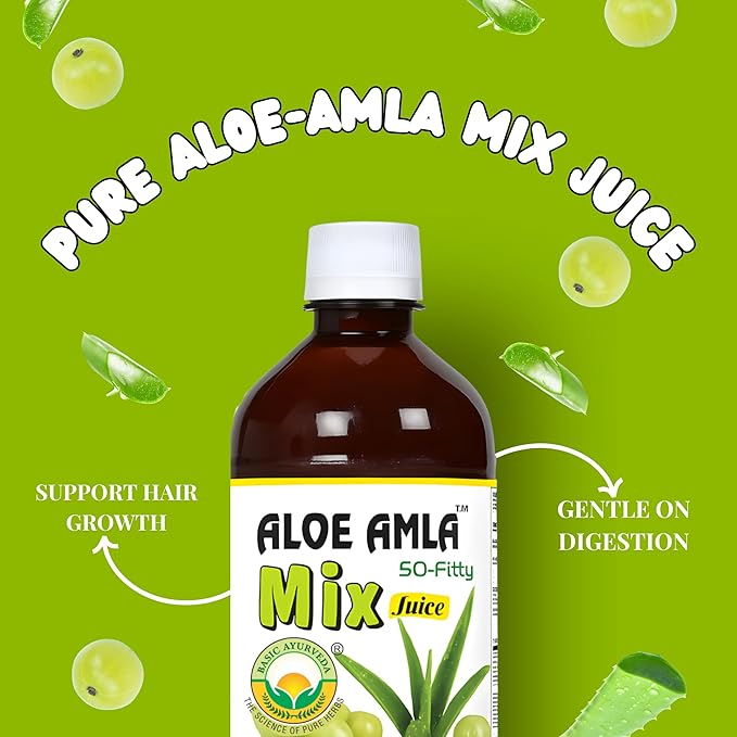 Basic Ayurveda Gooseberry + Aloe Vera Juice – 16.23 Fl Oz (480ml) | 50-Fifty Herbal Mix for Immunity, Digestion & Skin Health | Amla & Aloe Blend | 100% Natural | Daily Ayurvedic Tonic
