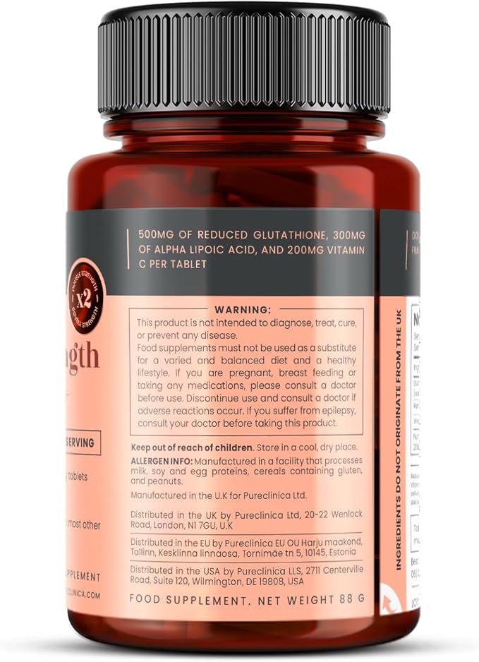pureclinica Glutathione 1000mg – 120 Tablets (2 x 60) | High Strength with 500mg Glutathione, 300mg ALA, 200mg Vitamin C | Antioxidant & Detox Support, 1-a-Day