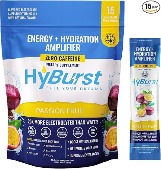 Electrolytes Powder Packets with 13 Essential Nutrients, Improve Energy & Focus, 100mg L-Theanine Nootropics, Non-GMO, Vegan, Gluten Free, Passion Fruit Drink Mix, 15 Sticks