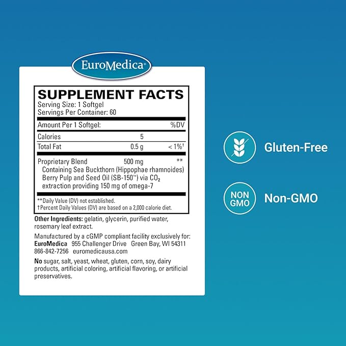 EuroMedica ProHydra-7 - Dietary Supplement with Essential Fatty Acids - Nutritional Supplement to Support Skin Health with Sea Buckthorn, Berry Pulp & Seed Oil - 60 Softgels