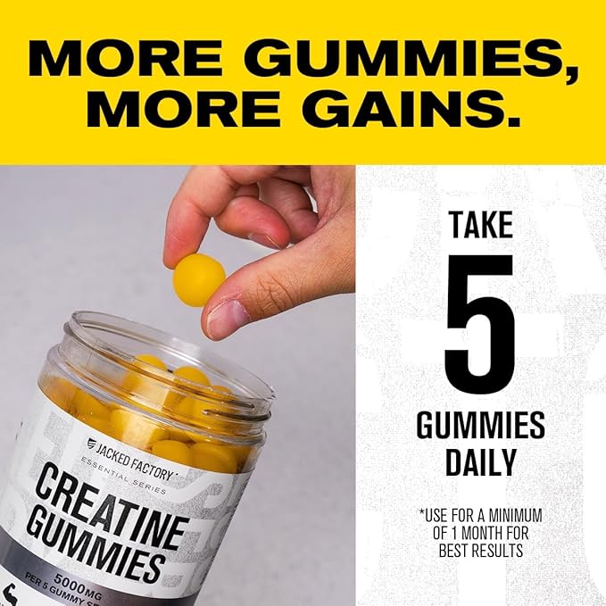 Jacked Factory Creatine Monohydrate Gummies 5g Daily Dose (1g per Gummy) - Creatine Gummy for Men and Women, Vegan-Friendly, Travel-Friendly, Third-Party Tested - 150 Gummies, Lemon
